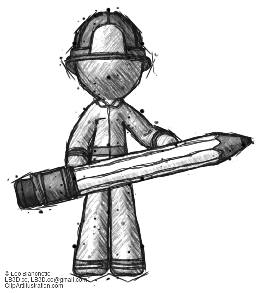 Sketch Firefighter Fireman Man Writer Or Blogger Holding Large Pencil #7474