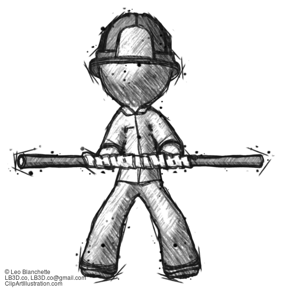 Sketch Firefighter Fireman Man Bo Staff Kung Fu Defense Pose #7476