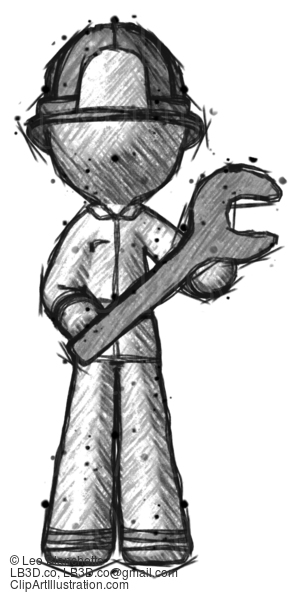 Sketch Firefighter Fireman Man Holding Large Wrench With Both Hands #7484