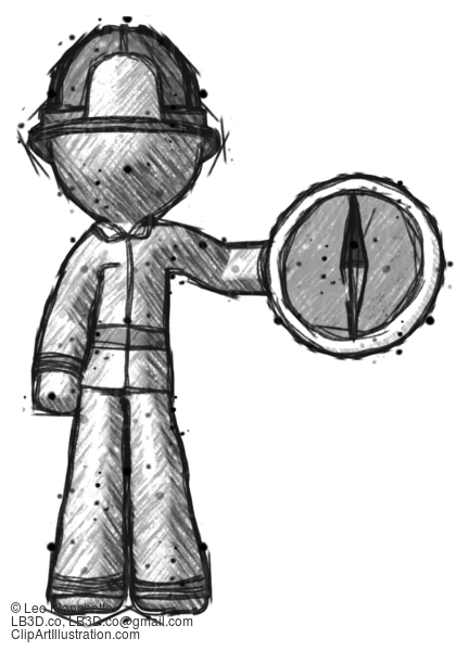 Sketch Firefighter Fireman Man Holding A Large Compass #7486