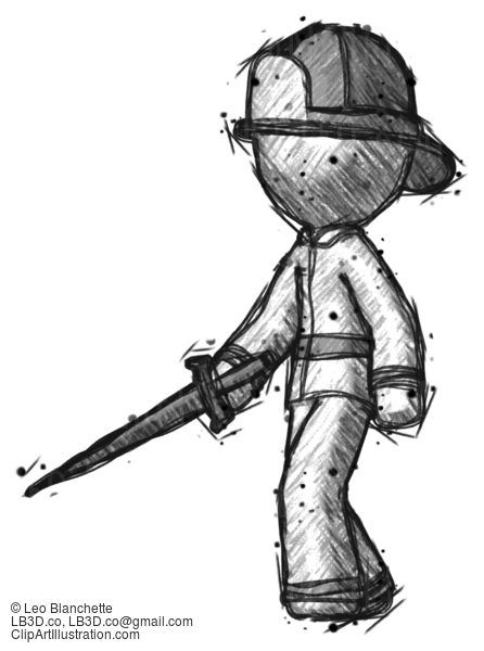 Sketch Firefighter Fireman Man With Sword Walking Confidently #7490