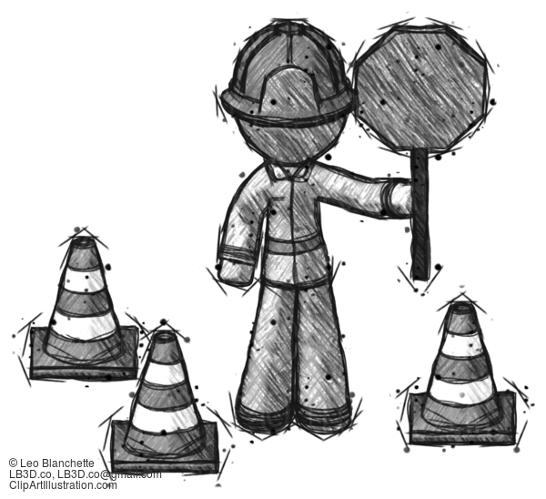 Sketch Firefighter Fireman Man Holding Stop Sign By Traffic Cones Under Construction Concept #7494