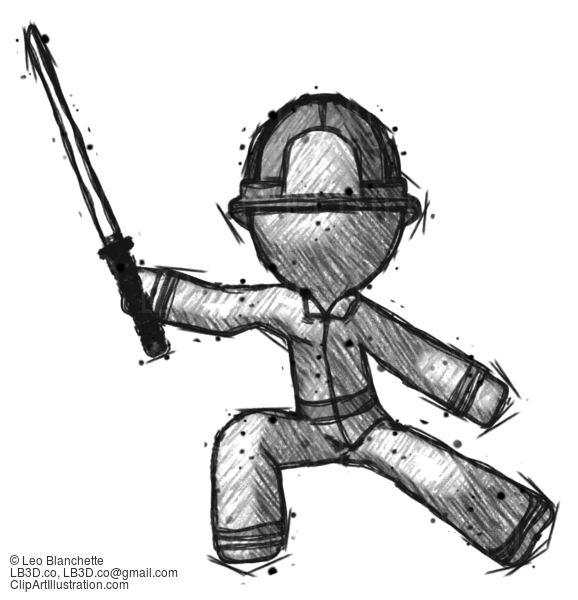 Sketch Firefighter Fireman Man With Ninja Sword Katana In Defense Pose #7500