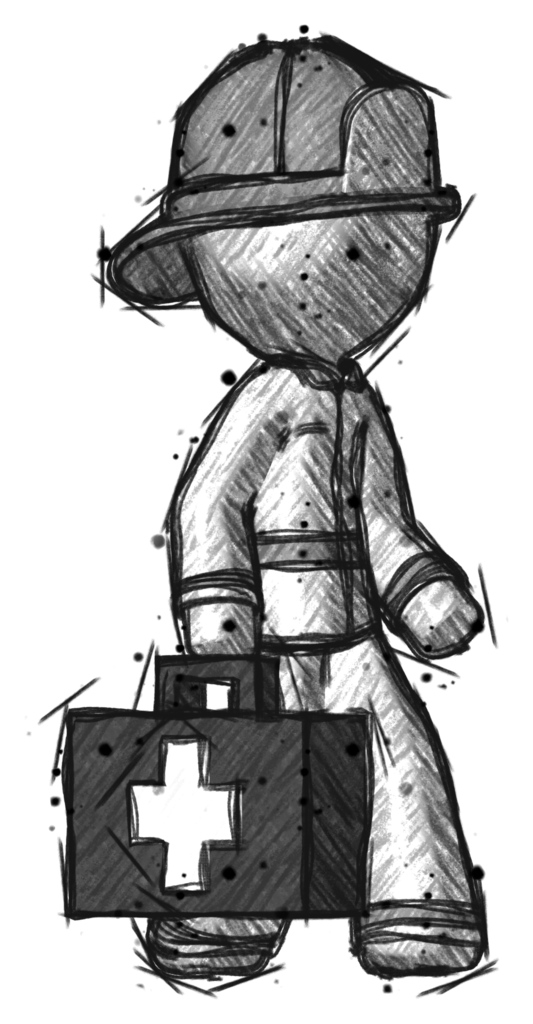 Sketch Firefighter Fireman Man Walking With Medical Aid Briefcase To Right
