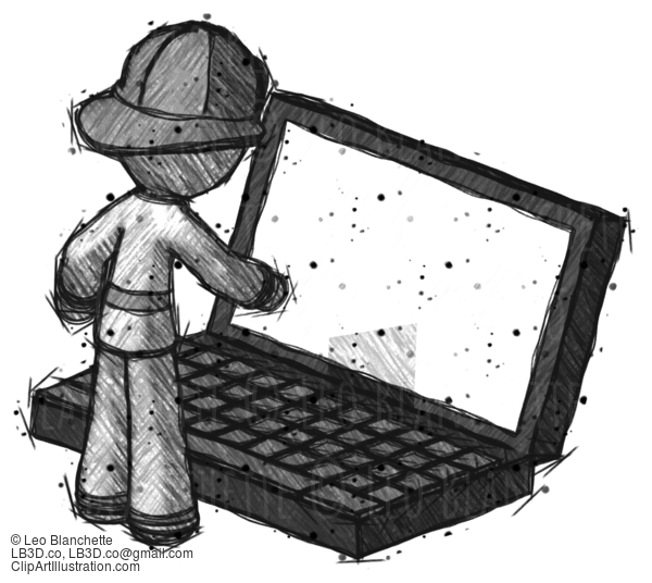 Sketch Firefighter Fireman Man Using Large Laptop Computer #7516