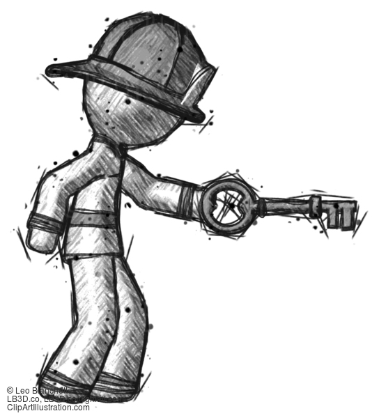 Sketch Firefighter Fireman Man With Big Key Of Gold Opening Something #7521