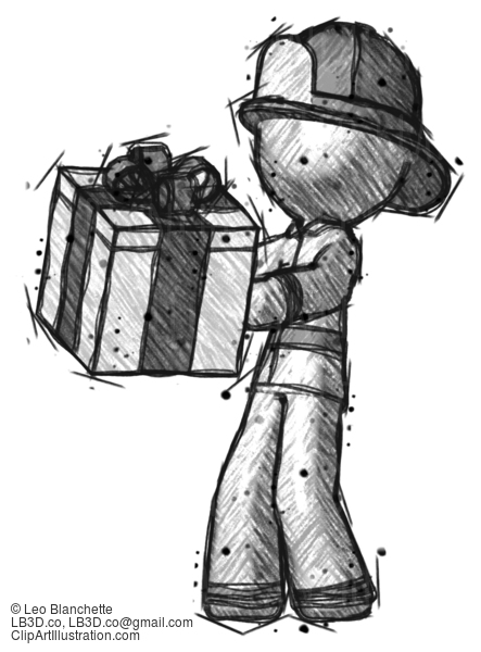 Sketch Firefighter Fireman Man Presenting A Present With Large Bow On It #7522