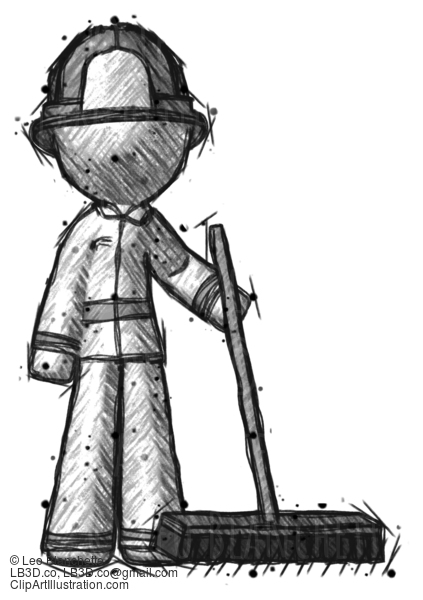 Sketch Firefighter Fireman Man Standing With Industrial Broom #7533