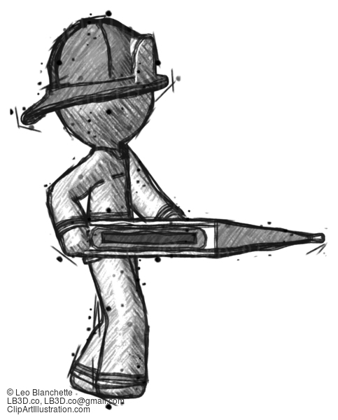Sketch Firefighter Fireman Man Walking With Large Thermometer #7535