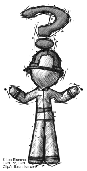 Sketch Firefighter Fireman Man With Question Mark Above Head, Confused #7545