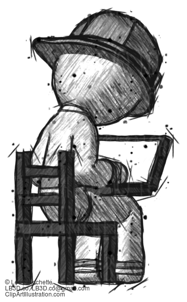 Sketch Firefighter Fireman Man Using Laptop Computer While Sitting In Chair View From Back #7556