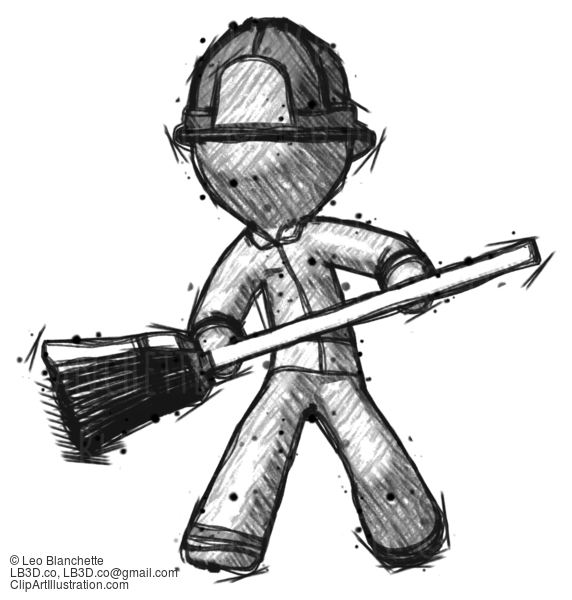 Sketch Firefighter Fireman Man Broom Fighter Defense Pose #7559