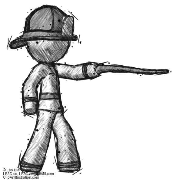 Sketch Firefighter Fireman Man Pointing With Hiking Stick #7566