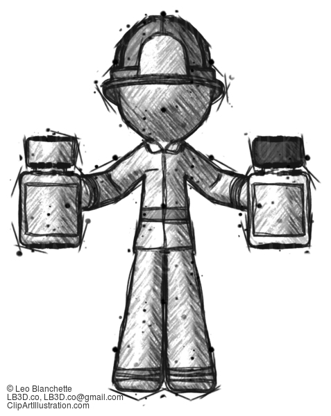 Sketch Firefighter Fireman Man Holding Two Medicine Bottles #7567