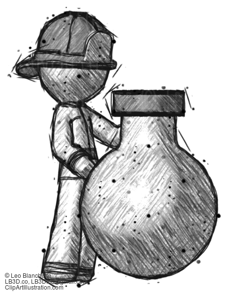 Sketch Firefighter Fireman Man Standing Beside Large Round Flask Or Beaker #7570