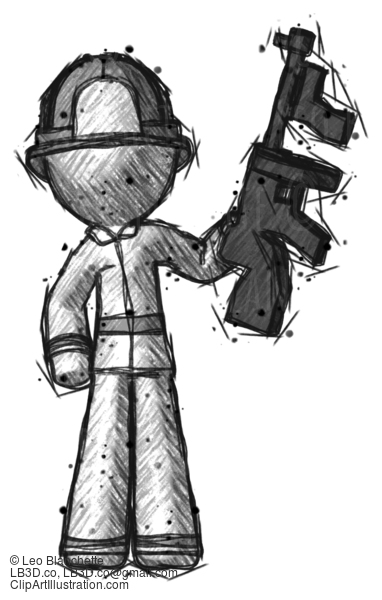 Sketch Firefighter Fireman Man Holding Tommygun #7574