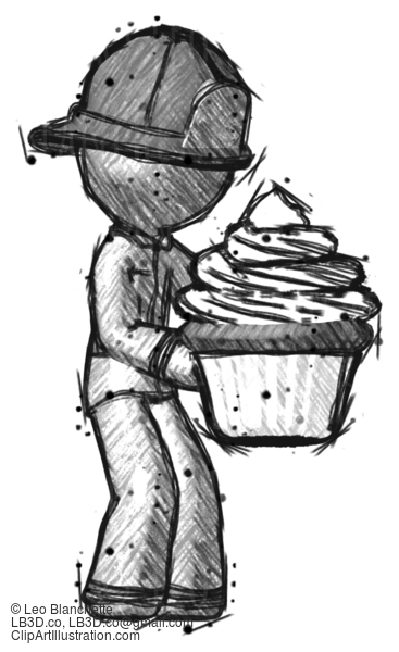 Sketch Firefighter Fireman Man Holding Large Cupcake Ready To Eat Or Serve #7575