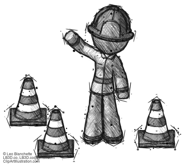 Sketch Firefighter Fireman Man Standing By Traffic Cones Waving #7579