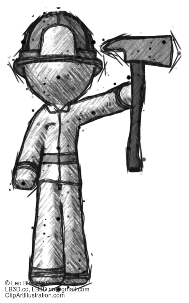 Sketch Firefighter Fireman Man Holding Up Firefighter’S Ax #7584