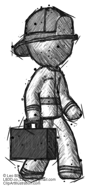 Sketch Firefighter Fireman Man Walking With Briefcase To The Right #7585