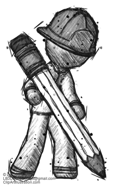 Sketch Firefighter Fireman Man Writing With Large Pencil #7586