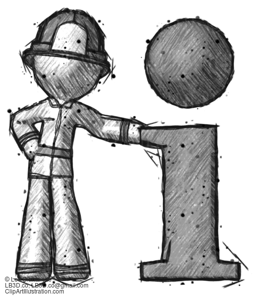 Sketch Firefighter Fireman Man With Info Symbol Leaning Up Against It #7588
