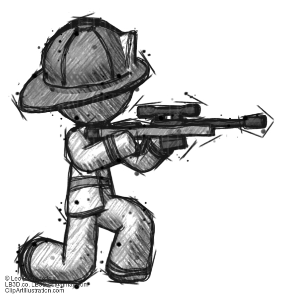 Sketch Firefighter Fireman Man Kneeling Shooting Sniper Rifle #7598