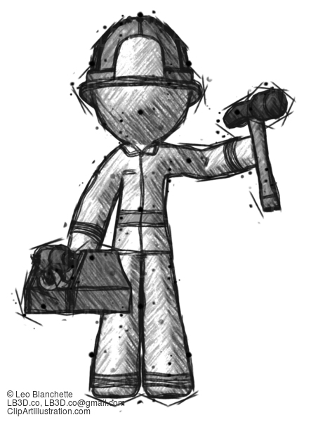 Sketch Firefighter Fireman Man Holding Tools And Toolchest Ready To Work #7600