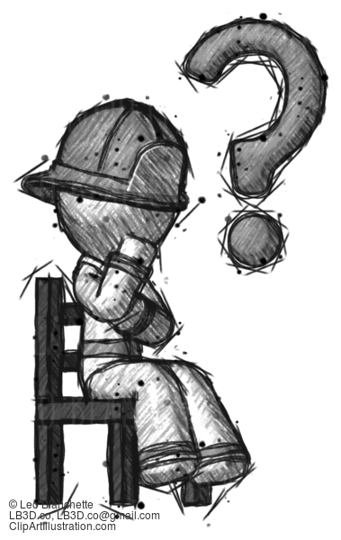 Sketch Firefighter Fireman Man Question Mark Concept, Sitting On Chair Thinking #7624