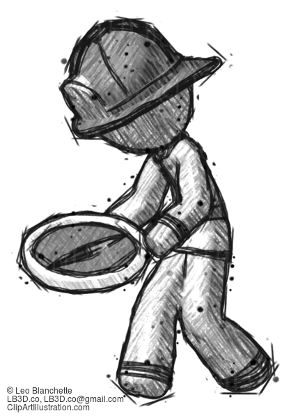 Sketch Firefighter Fireman Man Walking With Large Compass #7625