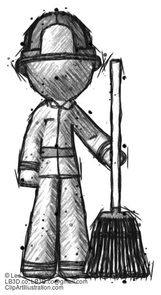 Sketch Firefighter Fireman Man Standing With Broom Cleaning Services #7632