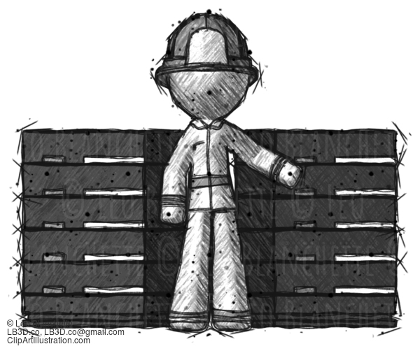 Sketch Firefighter Fireman Man With Server Racks, In Front Of Two Networked Systems #7638