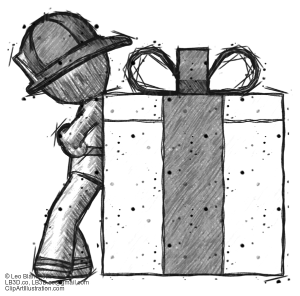 Sketch Firefighter Fireman Man Gift Concept - Leaning Against Large Present #7644