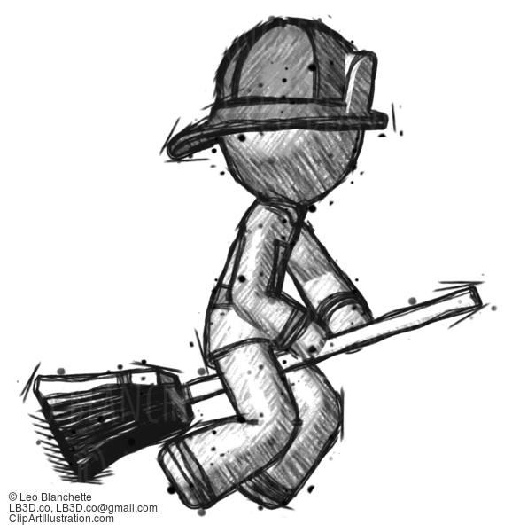 Sketch Firefighter Fireman Man Flying On Broom #7651