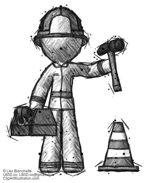 Sketch Firefighter Fireman Man Under Construction Concept, Traffic Cone And Tools #7653