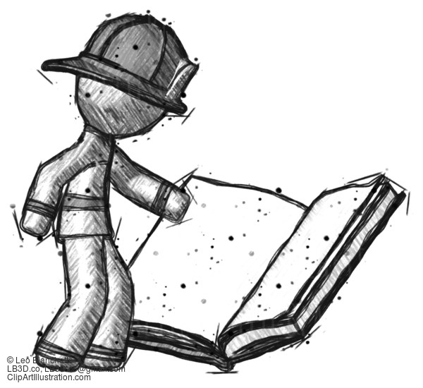 Sketch Firefighter Fireman Man Reading Big Book While Standing Beside It #7654