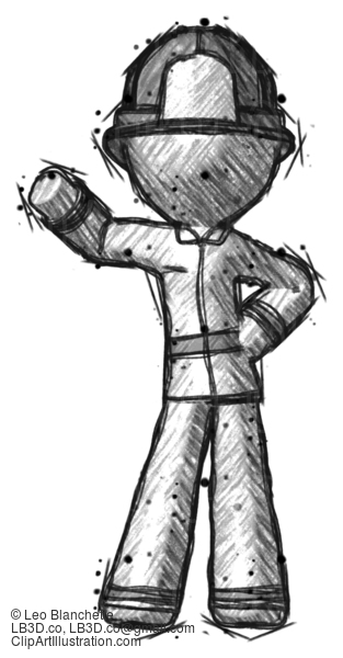 Sketch Firefighter Fireman Man Waving Right Arm With Hand On Hip #7655