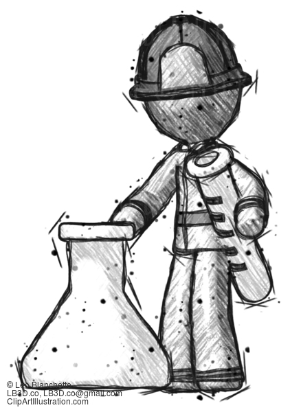 Sketch Firefighter Fireman Man Holding Test Tube Beside Beaker Or Flask #7667