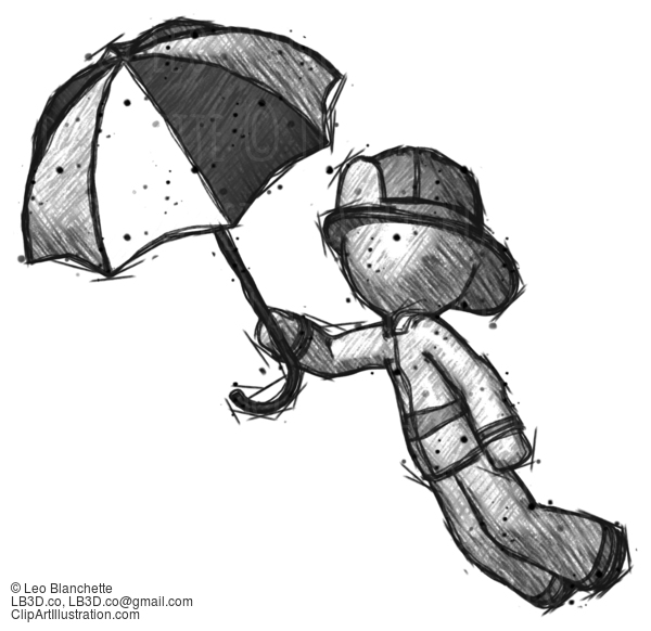 Sketch Firefighter Fireman Man Flying With Umbrella #7677