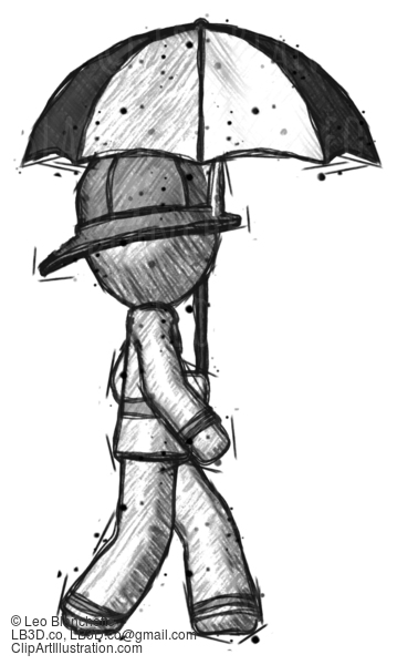 Sketch Firefighter Fireman Man Woman Walking With Umbrella #7682