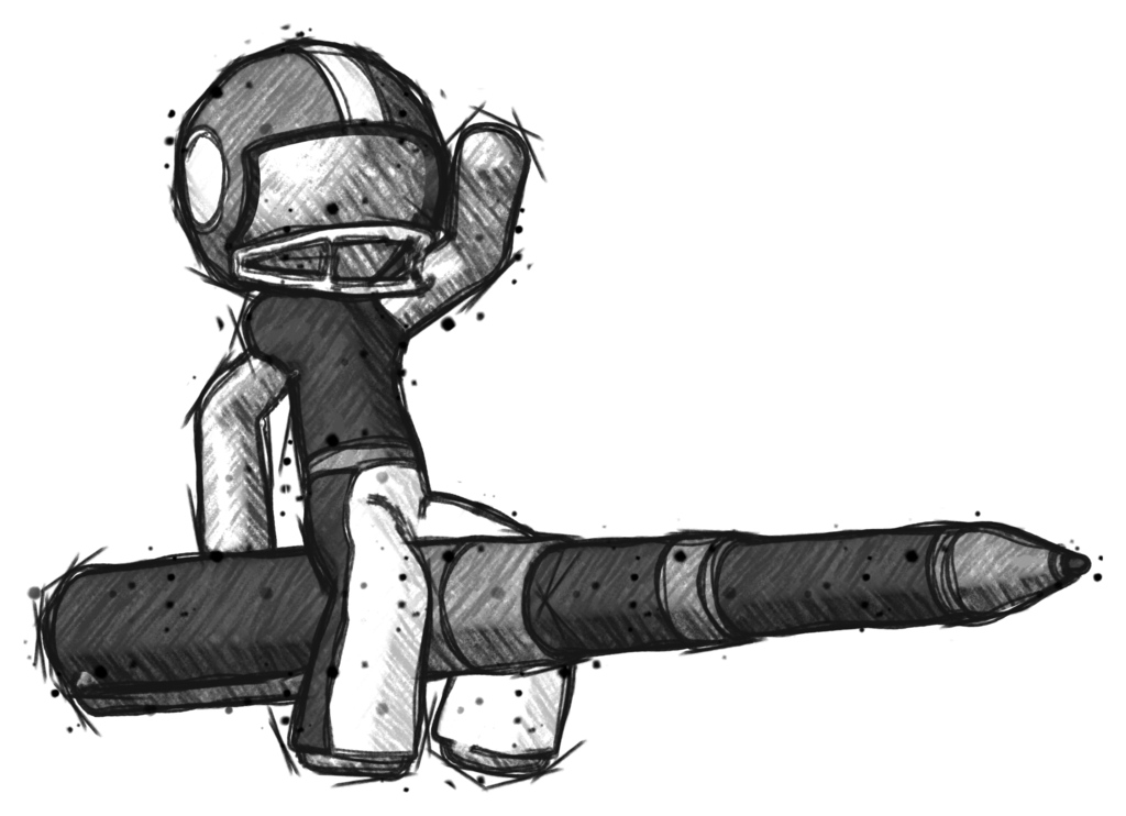 Sketch Football Player Man Riding a pen like a giant rocket