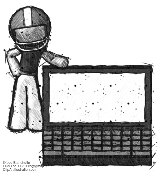 Sketch Football Player Man Beside Large Laptop Computer, Leaning Against It #8027