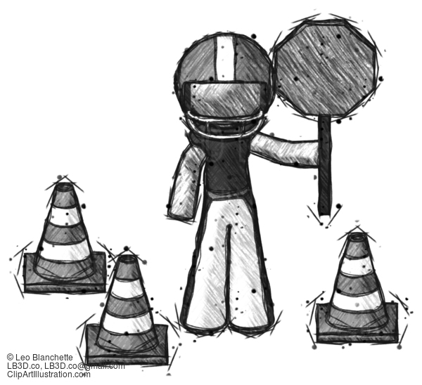 Sketch Football Player Man Holding Stop Sign By Traffic Cones Under Construction Concept #8047