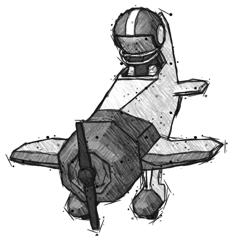 Sketch Football Player Man in Geebee stunt plane descending front angle view