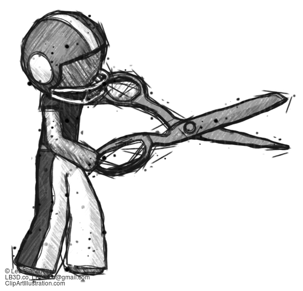 Sketch Football Player Man Holding Giant Scissors Cutting Out Something #8258