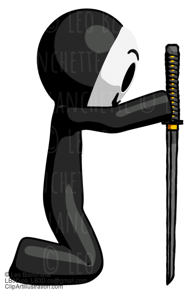 Black Little Anarchist Hacker Man Kneeling With Ninja Sword Katana Showing Respect #8309