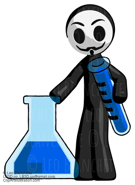 Black Little Anarchist Hacker Man Holding Test Tube Beside Beaker Or Flask #8316