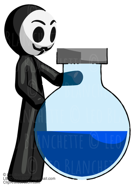 Black Little Anarchist Hacker Man Standing Beside Large Round Flask Or Beaker #8321