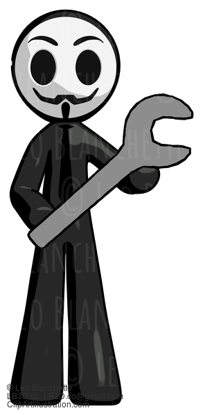 Black Little Anarchist Hacker Man Holding Large Wrench With Both Hands #8324