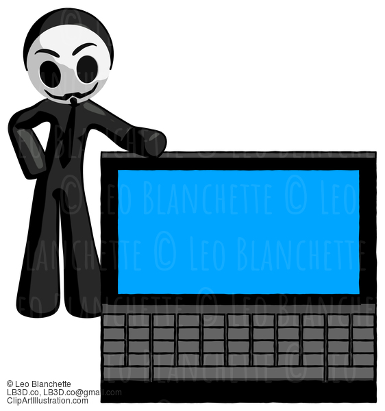 Black Little Anarchist Hacker Man Beside Large Laptop Computer, Leaning Against It #8334